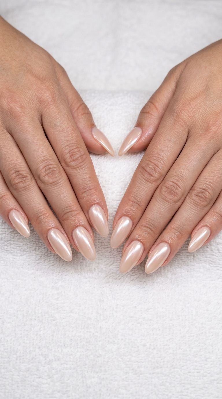 Glazed Nude Almond Nails 2026 | Understated Elegance Subtle glazed nude almond nails for summer wedding 2026. Understated, polished work style.