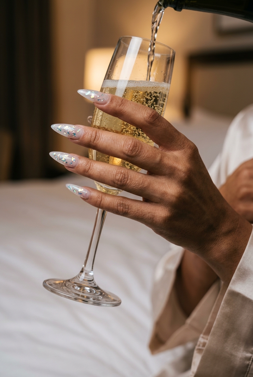 Iridescent Foil Stiletto Nails 2026 | Glamorous Party Iridescent foil shard stiletto nails for summer wedding 2026. Glamorous, bold gala event style.