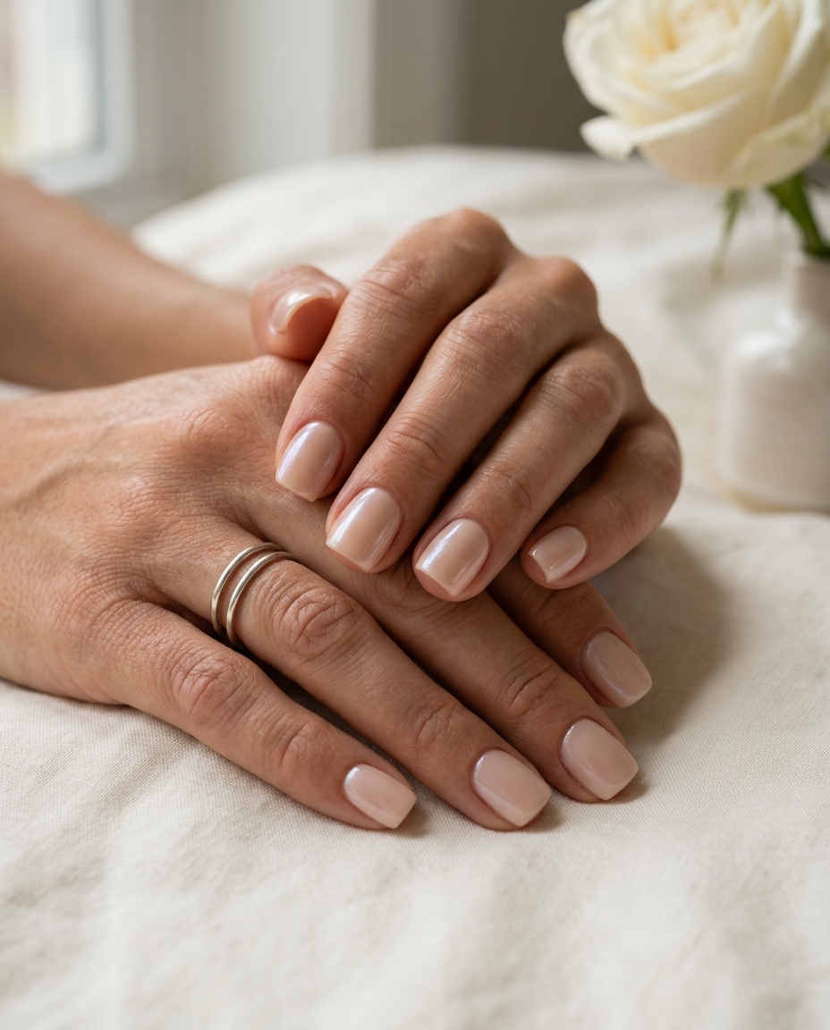 Summer Wedding Nails 2026: Chic Nude Chrome Shift Light nude soft square nails with subtle chrome for summer wedding nails 2026. Glamorous.