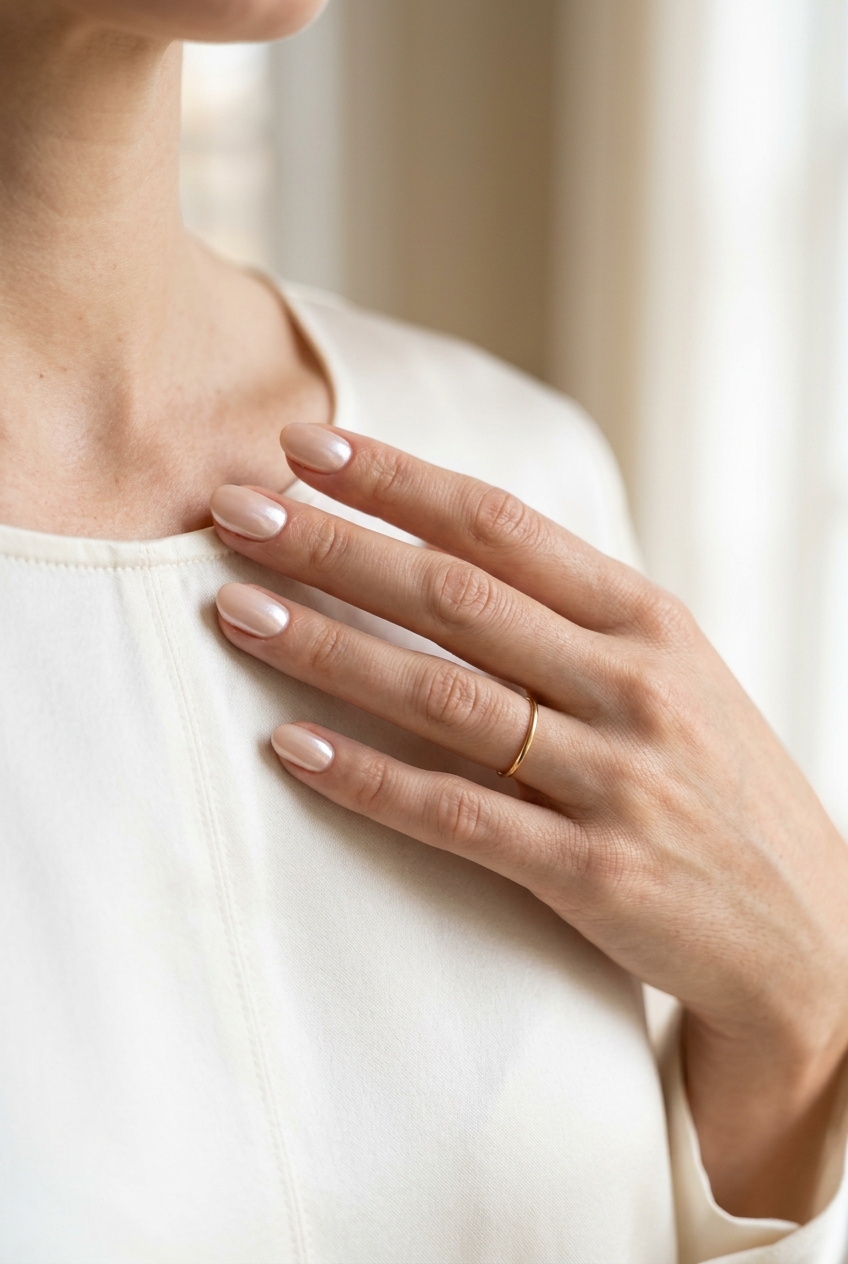 Light Nude Chrome Shimmer - Summer Wedding Nails 2026 Light Nude Subtle Chrome Shimmer nails for summer wedding nails 2026: clean-girl glam.