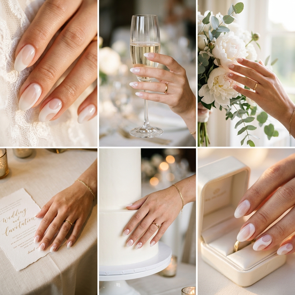 Milky White Jelly Nails 2026 | Wedding Guest Style Milky white jelly negative space almond nails for summer wedding guest 2026. Sophisticated, modern, clean look.