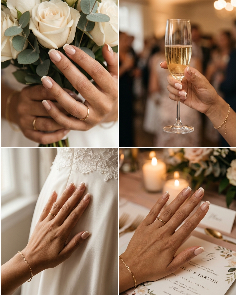 Summer Wedding Nails 2026: Chic Nude Reverse French Light nude reverse French nails for summer wedding nails 2026. Minimalist, sophisticated coffin shape.