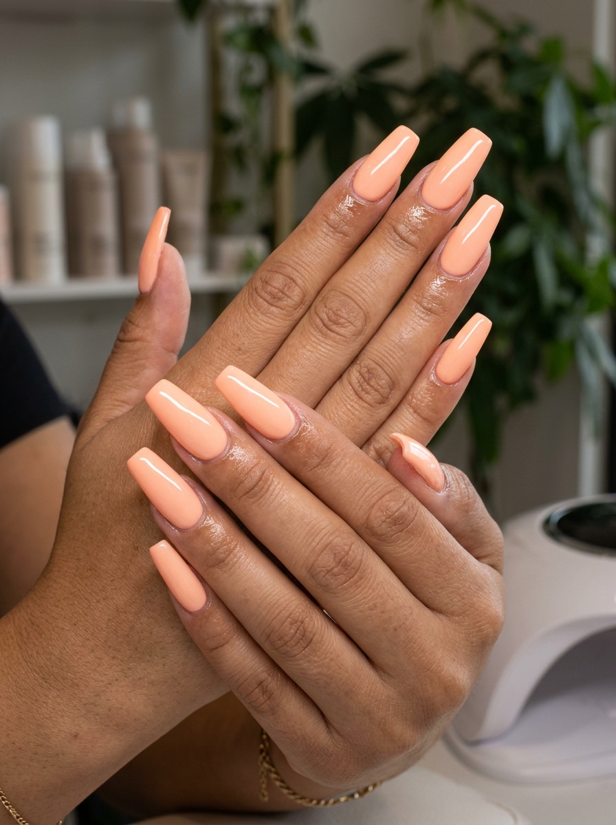 Peach Glossy Coffin Nails 2026 | Destination Wedding Sun-kissed peach glossy coffin nails for summer wedding guest 2026. Playful, radiant, chic vacation style.