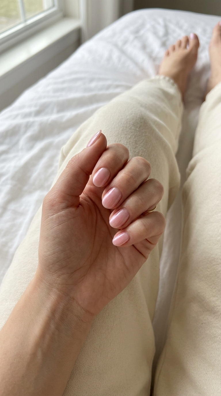 Sheer Pink Pearlescent Nails 2026 | Minimalist Chic Sheer pink pearlescent gloss nails for summer wedding guest 2026. Sophisticated, minimalist office style.
