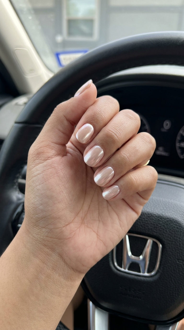 Shimmering Pearl Nails - Summer Wedding Nails 2026 Subtle Shimmering Pearl nails for summer wedding nails 2026: light nude with iridescent shift.