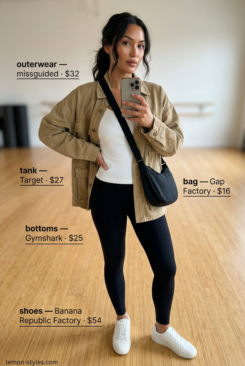Khaki utility jacket, black leggings, white tank. Summer Yoga Class Outfits for Women 2026.