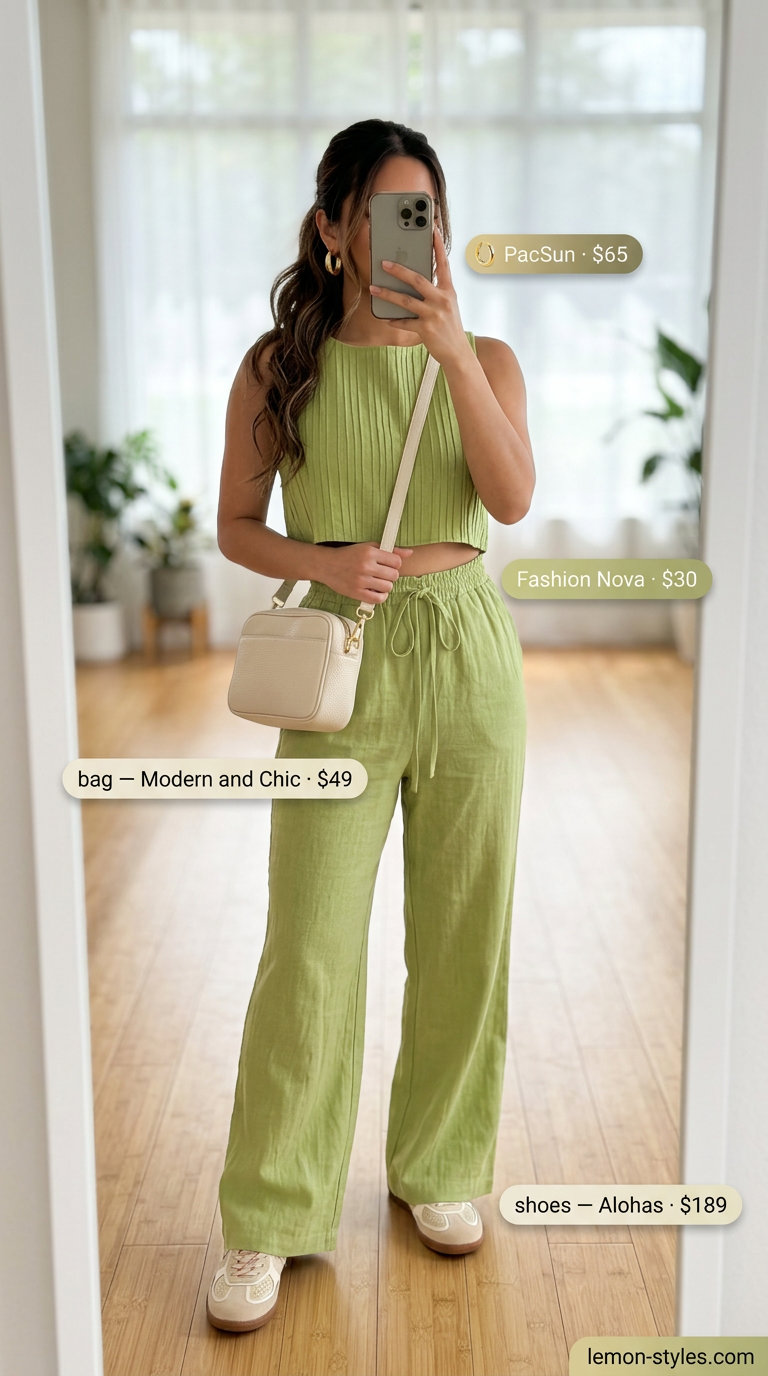 Olive green linen set with cream crossbody bag. Summer Yoga Class Outfits for Women 2026.
