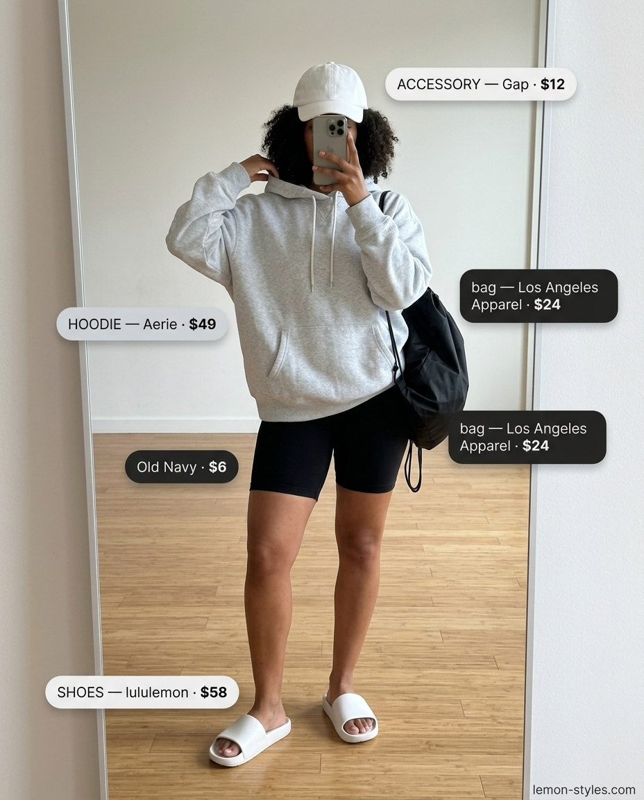 Cool down comfort outfit: grey hoodie, black biker shorts, slides. Cozy post-yoga relaxation style 2026.