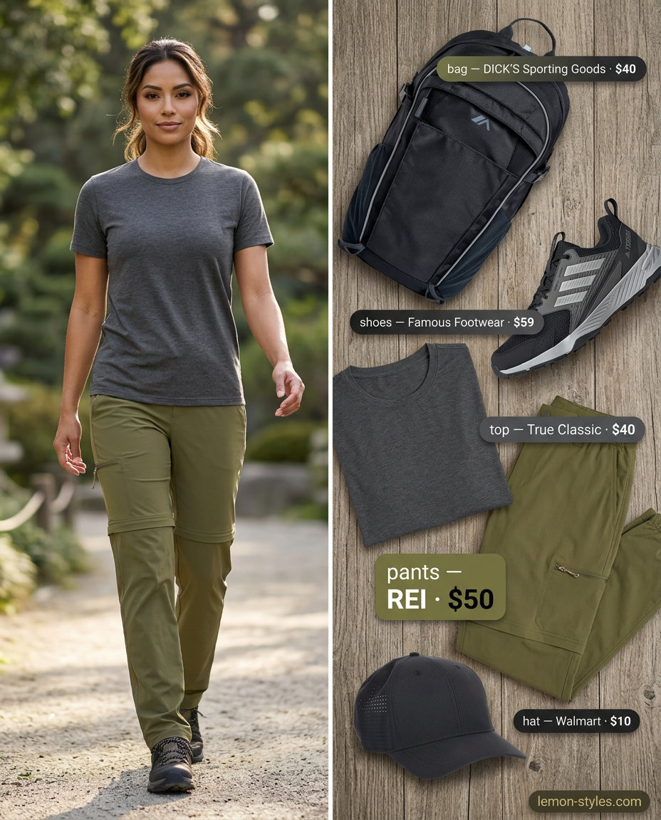 Athletic explorer outfit: olive green hiking pants, grey t-shirt, trail shoes. Adventurous outdoor style 2026.