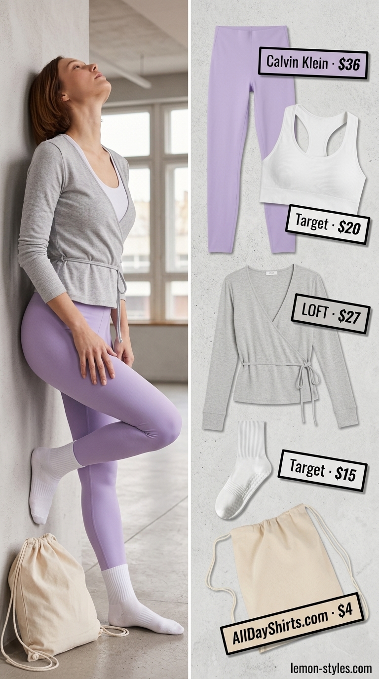 Sunrise flow yoga outfit: lavender leggings, white sports bra, wrap top. Serene studio style 2026.