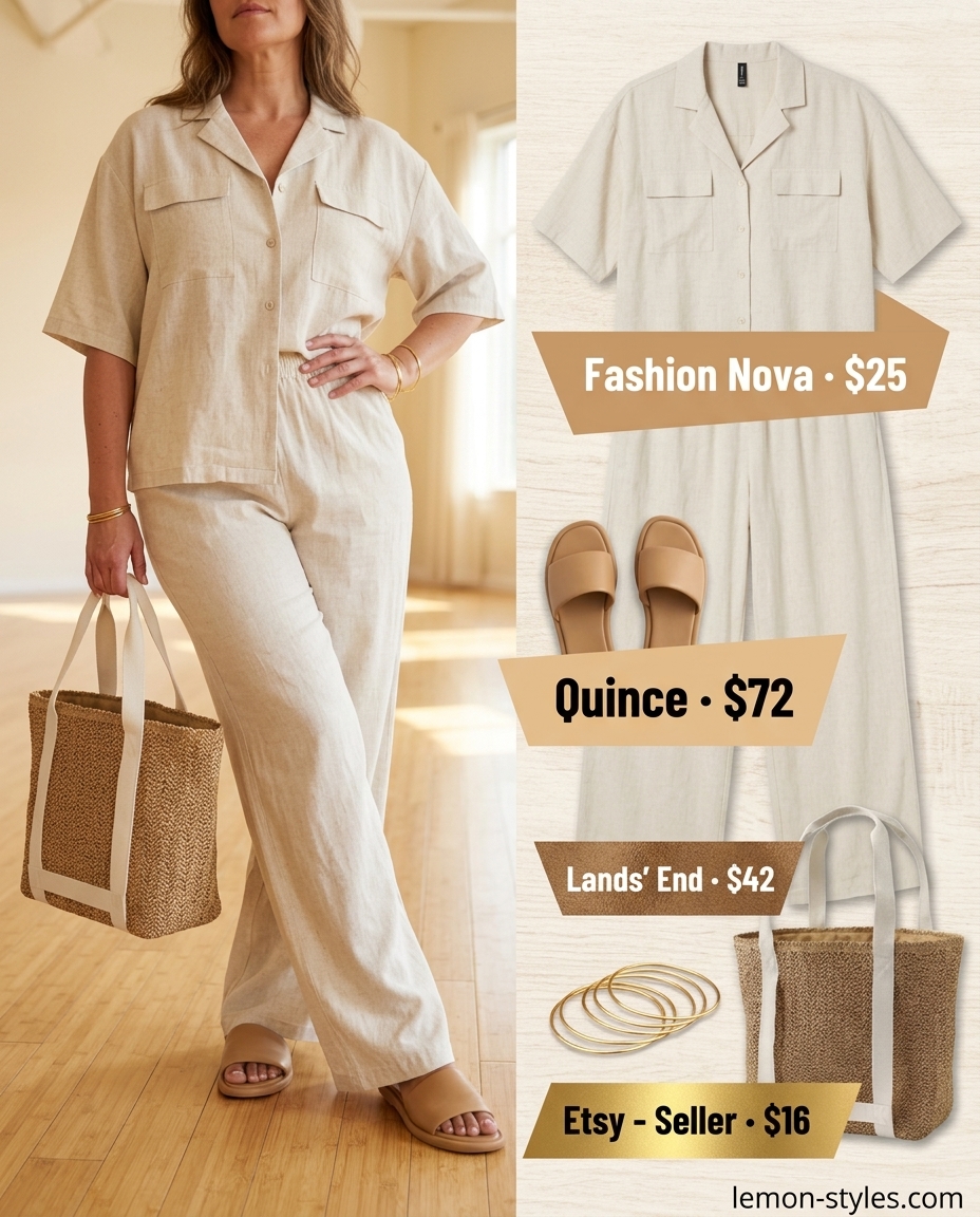 Summer breeze linen set: oatmeal cropped shirt & wide-leg pants. Relaxed chic vacation outfit 2026.