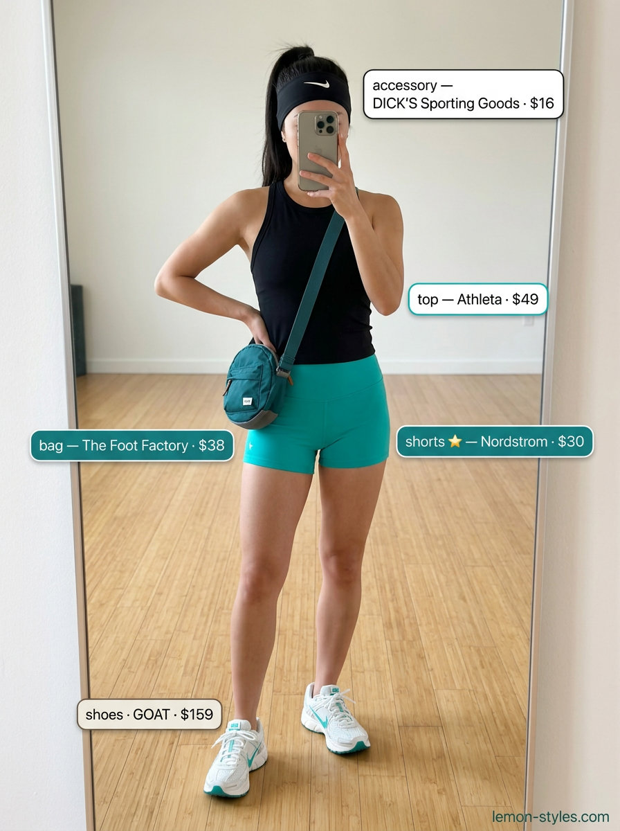 Teal athletic shorts and black tank for gym. Summer Yoga Class Outfits for Women 2026.