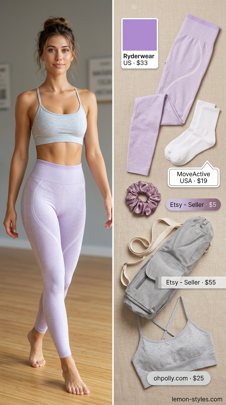Lavender yoga leggings and grey sports bra. Summer Yoga Class Outfits for Women 2026.