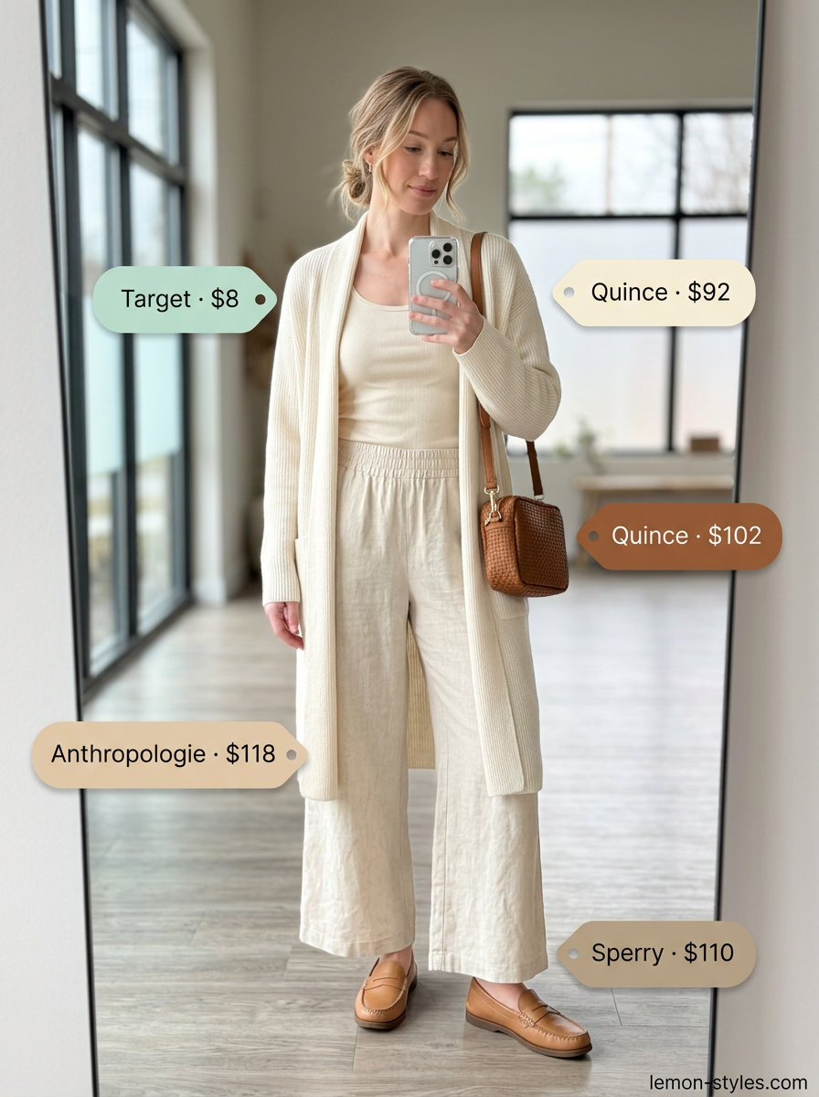 Travel day comfort outfit: tan linen pants, cream tank, knit cardigan. Relaxed chic airport style 2026.