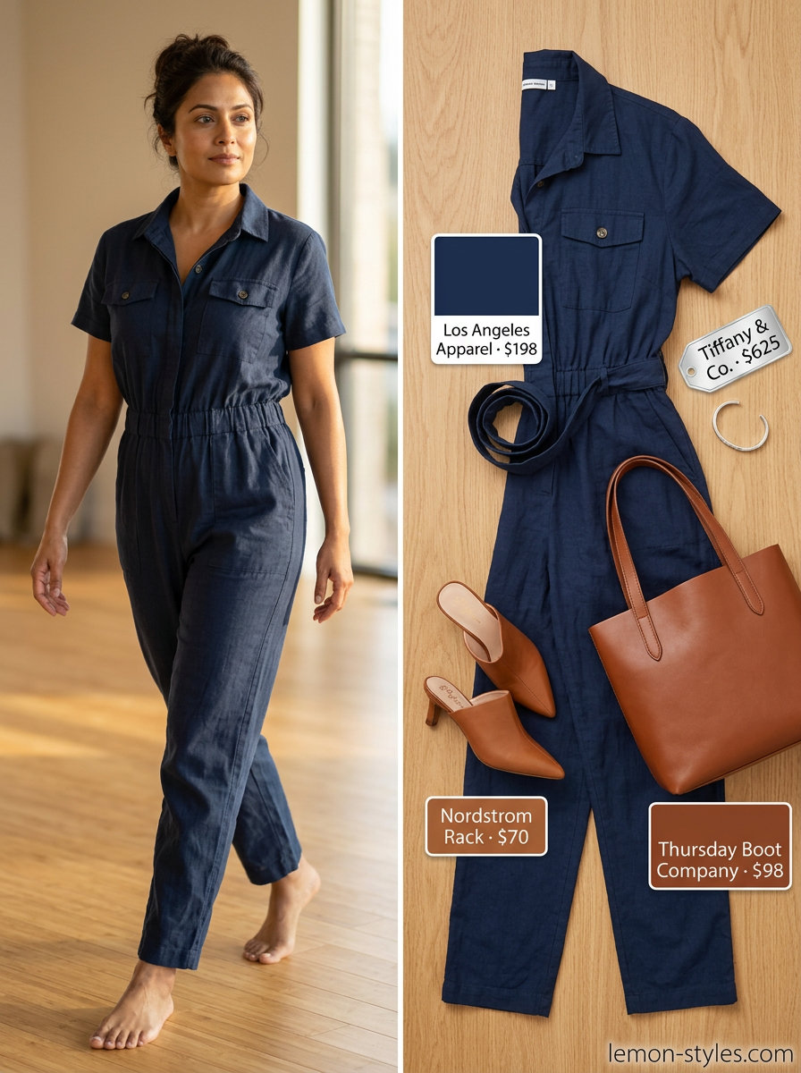 Navy blue utility jumpsuit with tan mules and tote bag. Summer Yoga Class Outfits for Women 2026.