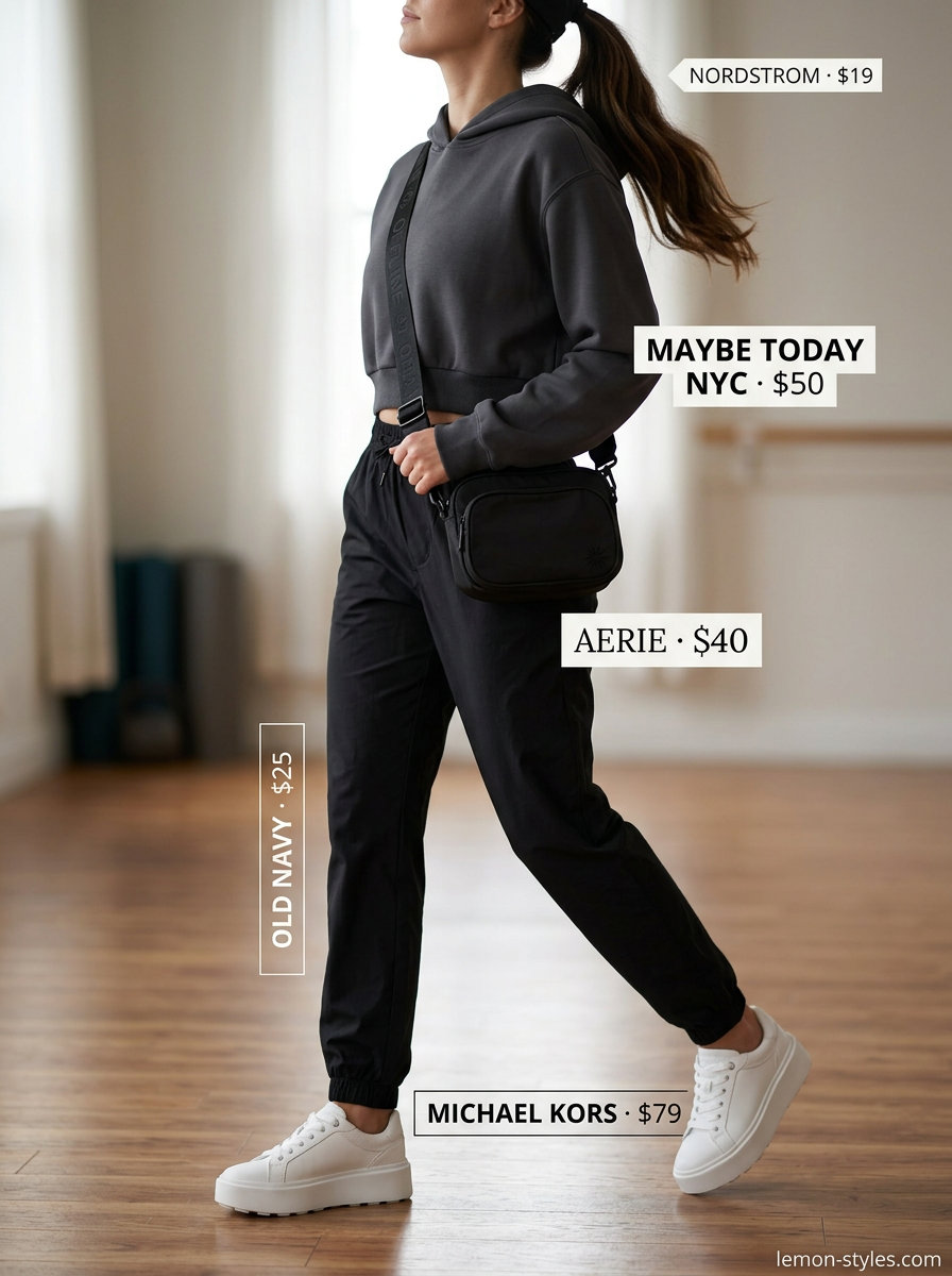 Summer Yoga Class Outfits for Women 2026: Charcoal grey hoodie, black joggers, and fashion sneakers for travel.