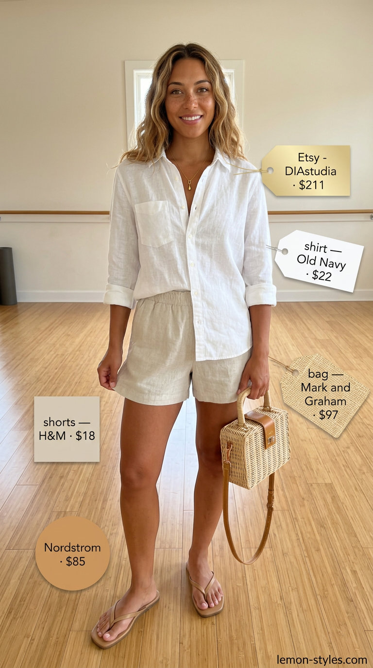 Summer Yoga Class Outfits for Women 2026: White linen shirt, beige shorts, tan sandals. Perfect for casual outings.