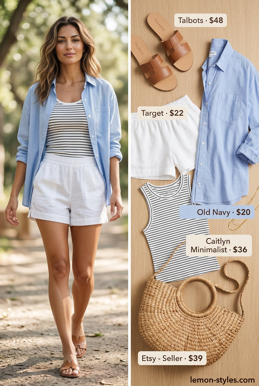 Summer Yoga Class Outfits for Women 2026: Cream linen shorts, sky blue button-down shirt, straw tote for beach walks.