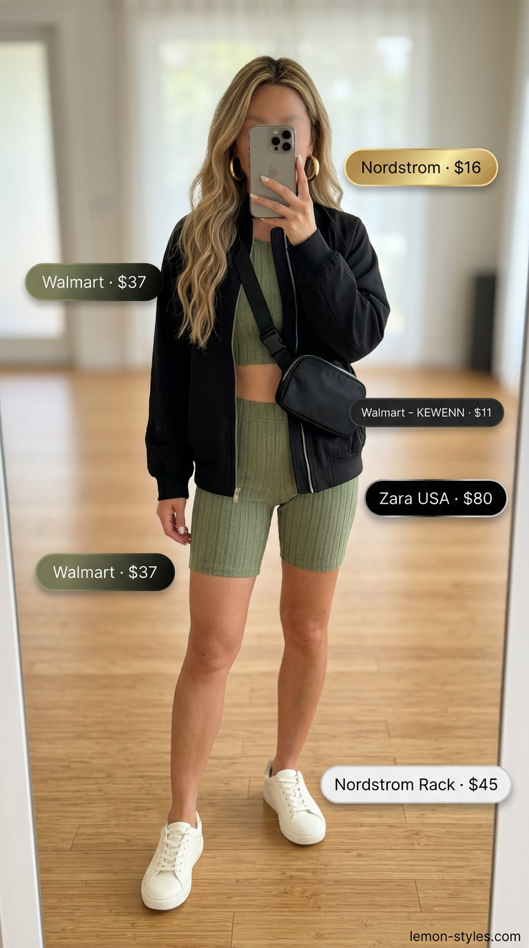Summer Yoga Class Outfits for Women 2026: Olive green biker shorts set, bomber jacket, and sneakers for athleisure.