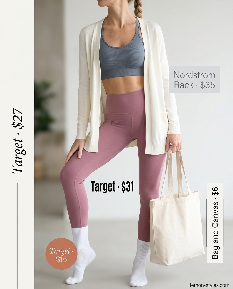 Summer Yoga Class Outfits for Women 2026: Dusty rose leggings, grey sports bra, white cardigan for yoga.