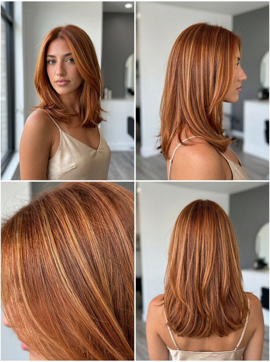 Sunset Copper Gold Ribbons Hair Color 2026 long sunset copper haircut with gold ribbons, foilyage — bold bohemian look