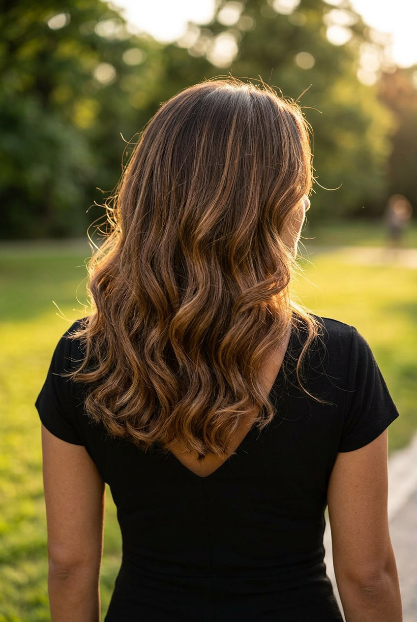 long syrup brunette with caramel ribbons, hand-painted midlights, romantic and sophisticated