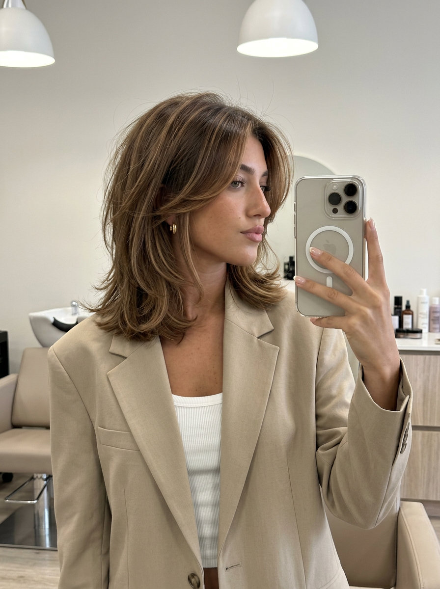 The Wild Meadow Wolf: Popular Summer Haircut 2026 long syrup brunette wolf cut with caramel ribbons and golden gloss, textured layers, no bangs — festival ready