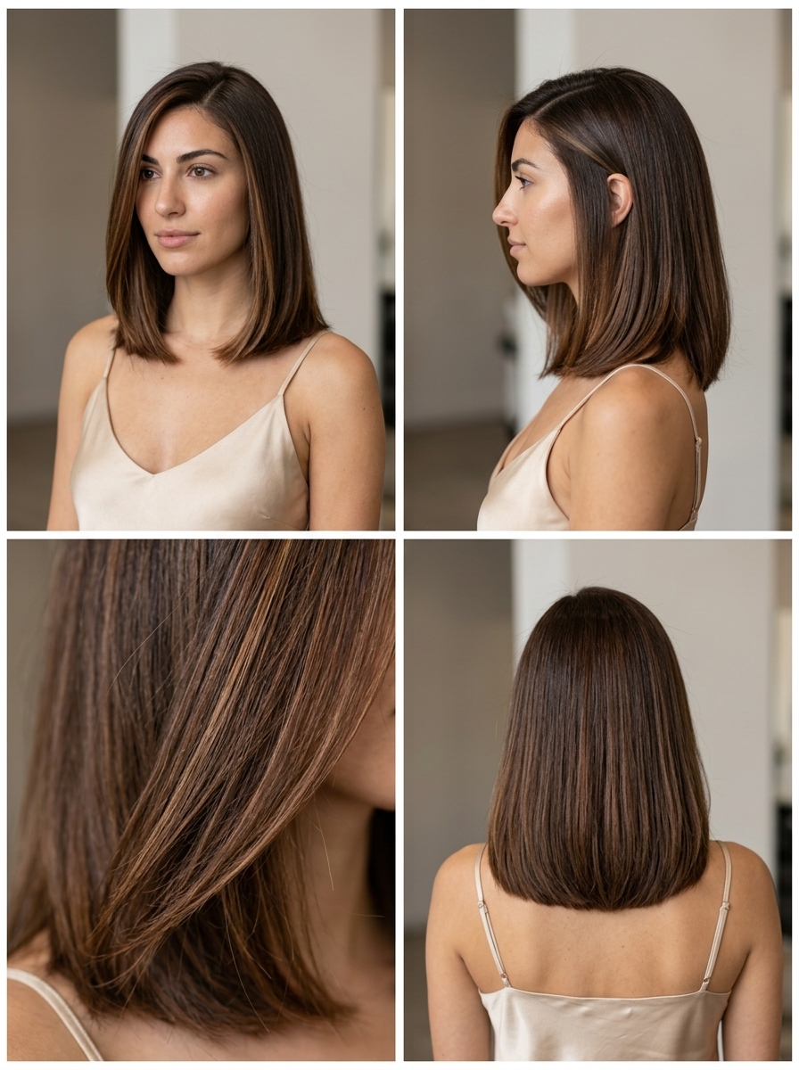 medium blunt lob haircut with syrup brunette & caramel ribbons, invisible layering, no bangs — sophisticated