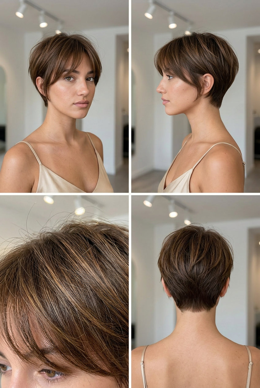 Syrup Brunette Pixie 2026: Playful French Style short syrup brunette french pixie with golden undertones and swept fringe for summer