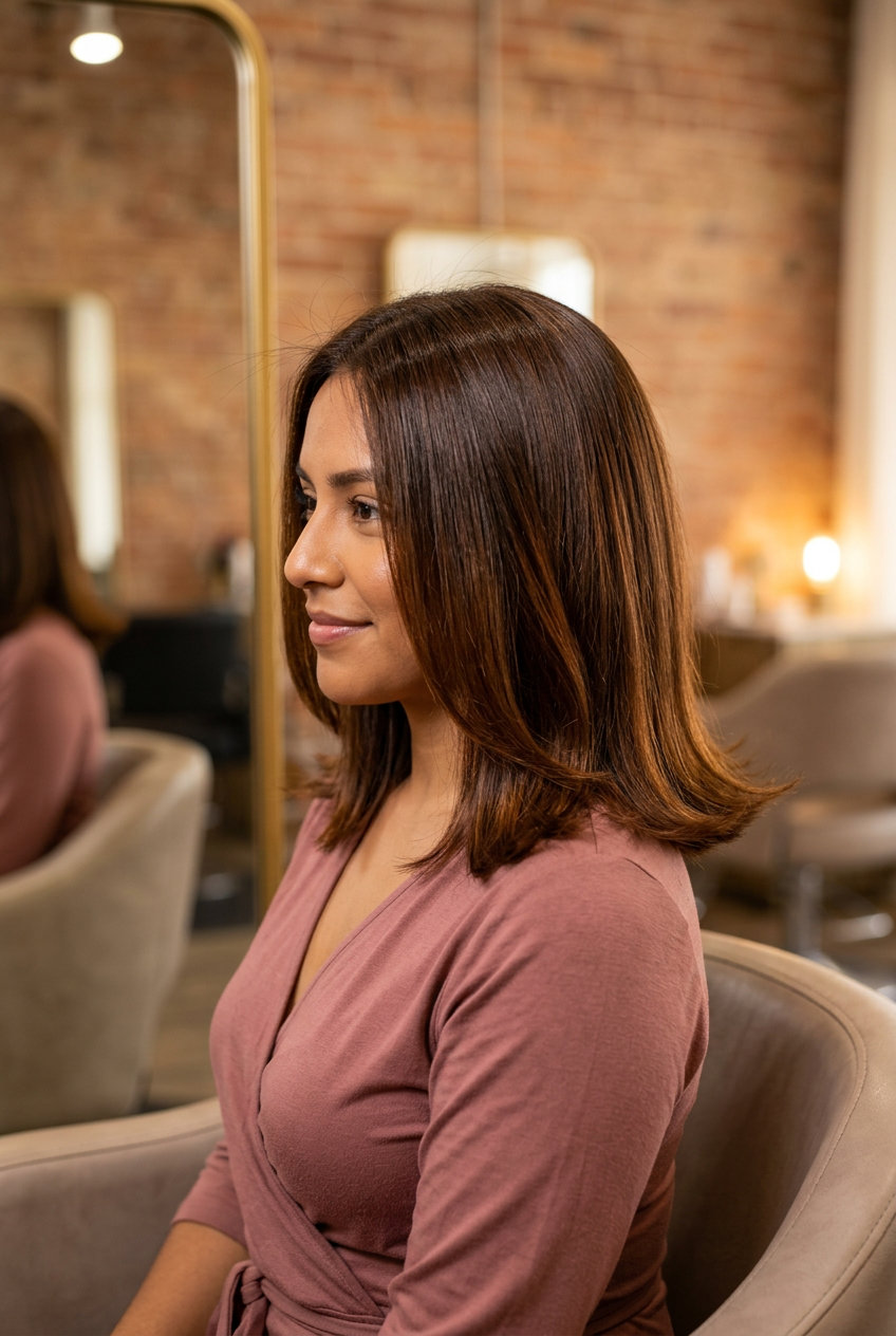 shoulder-length blunt bob syrup brunette hair with amber undertones, high gloss, no fringe — sophisticated shine