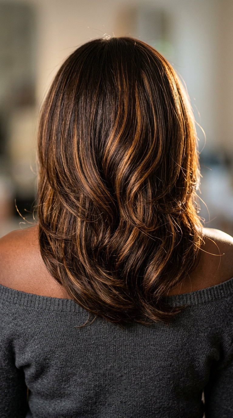 long textured layers with syrup brunette swirl highlights, golden amber color, balayage technique — romantic evening look
