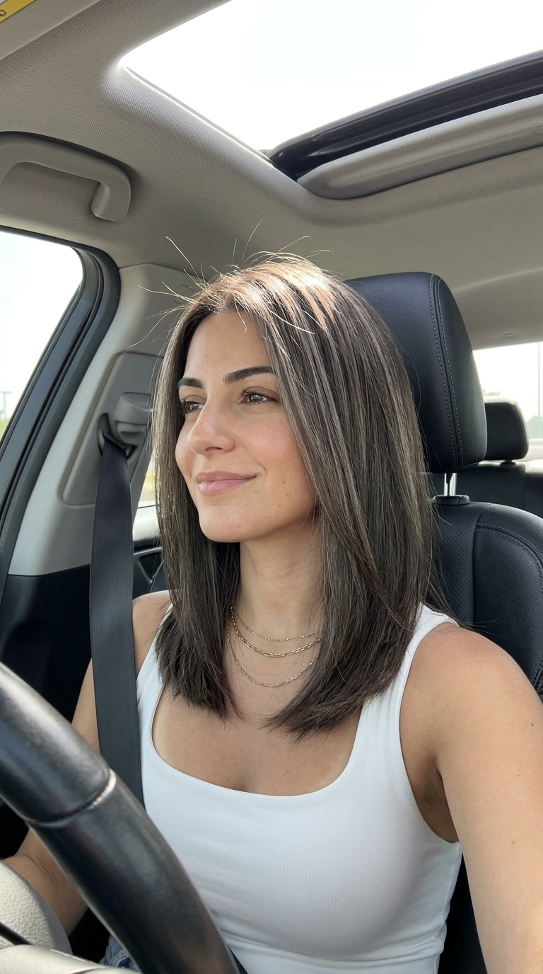 long ash brown hair color with taupe-ash highlights, babylight technique for sophisticated daily wear