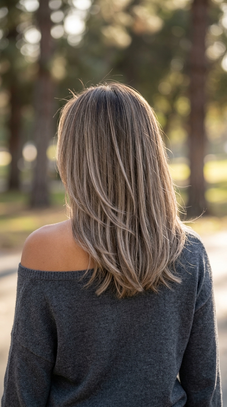 long ash brown hair color with taupe balayage, face-framing technique for relaxed vacation vibes