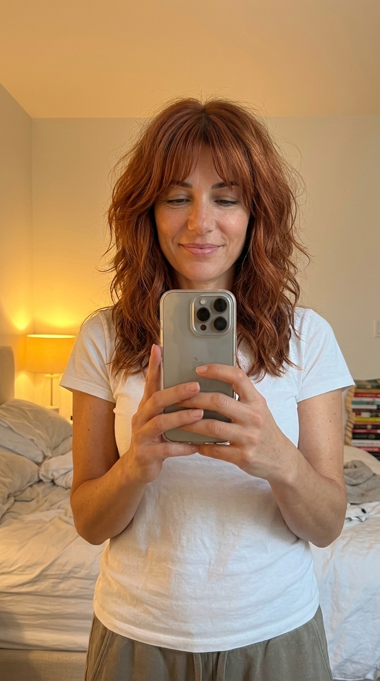 Earthy Terracotta Copper Shag 2026 mid-length terracotta copper shag haircut with bottleneck bangs for summer