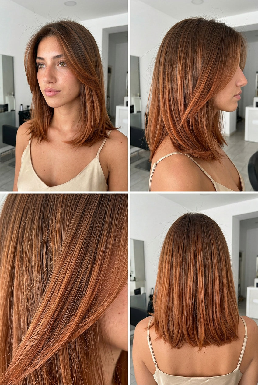 long sun-kissed terracotta balayage with copper-orange on brown, shag cut for bohemian vibes