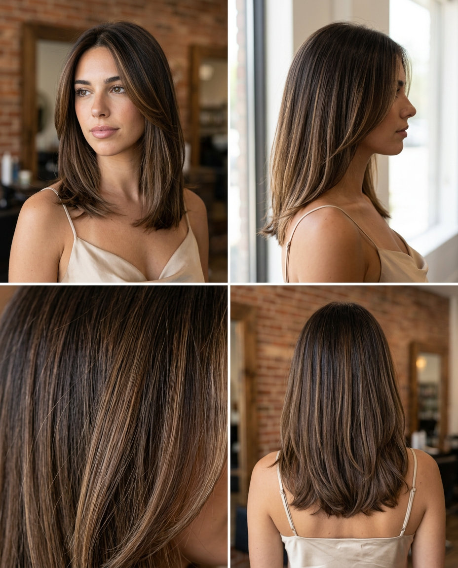 Tiramisu Brown Highlights Brunette 2026 long voluminous layered haircut with tiramisu brown multi-tonal highlights and lowlights for events