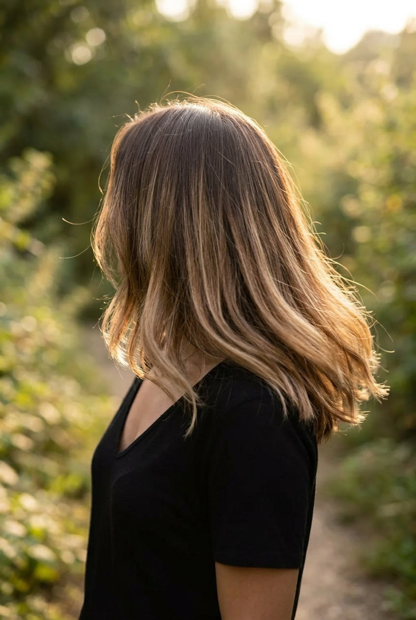 Toasted Almond Balayage Brunette 2026 long soft curved layered haircut with toasted almond balayage on medium brunette for vacation