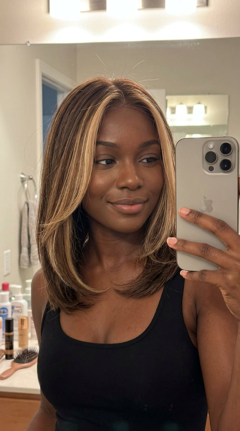 long brunette hair with toasted coconut money pieces, face-framing fringe — playful summer vibe