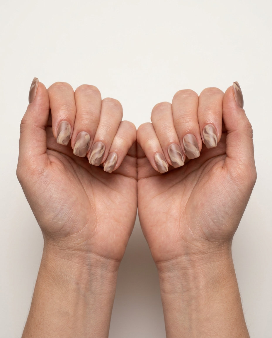 Bohemian chic brown milky marble swirl nails for casual weekend wear. Trending summer nails 2026.