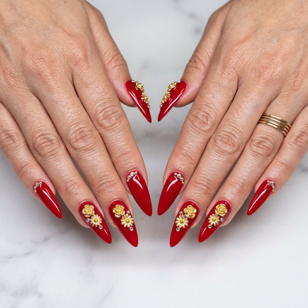 Glamorous Cherry Charm Stiletto Sparkle nails for parties, date nights, or summer evening events. Trending summer nails 2026.