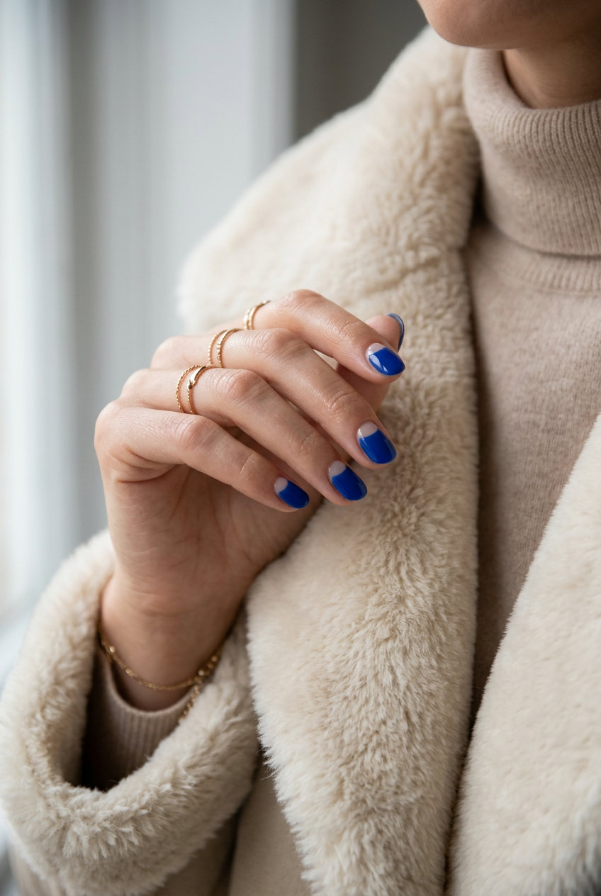 Cobalt blue half moon nails for trending summer nails 2026. Retro chic casual outfit.
