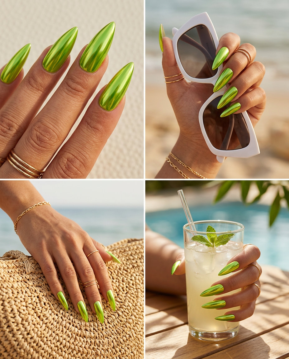 Edgy Electric Lime Green Chrome Pop nails for parties, concerts, or bold fashion statements. Trending summer nails 2026.
