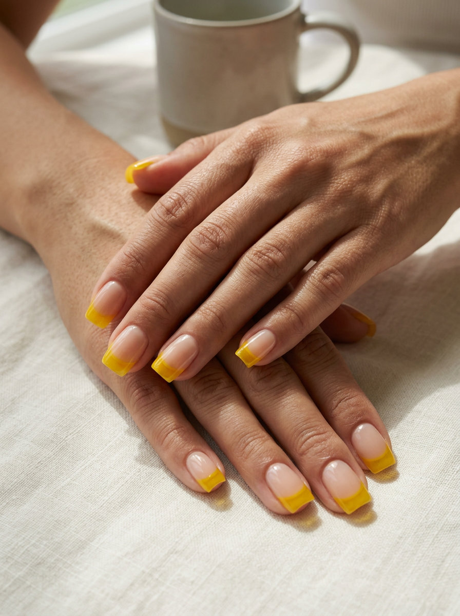 Playful sunny yellow jelly French tip nails for vacation and summer festivals. Trending summer nails 2026.
