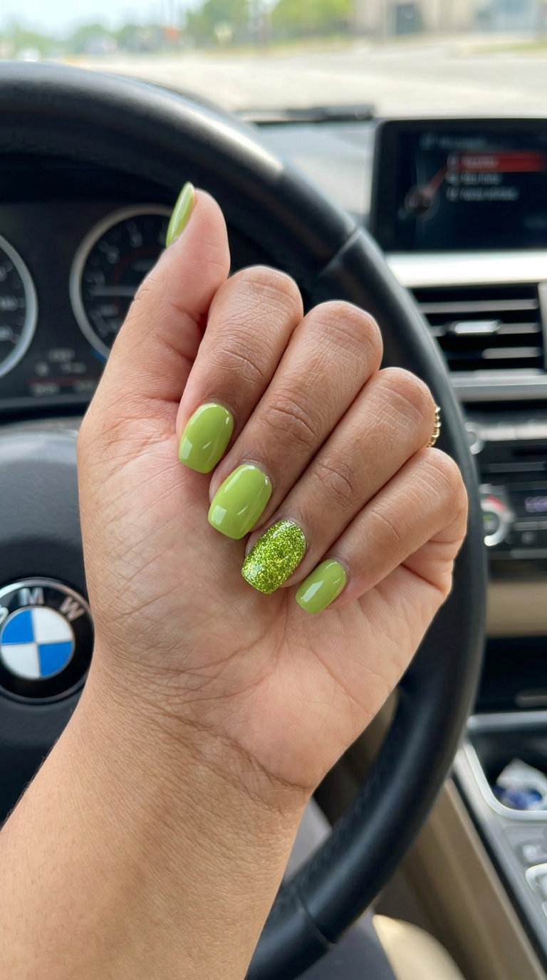 Playful Lime Green Glitter Accent Nail for festivals, parties, or summer celebrations. Trending summer nails 2026.
