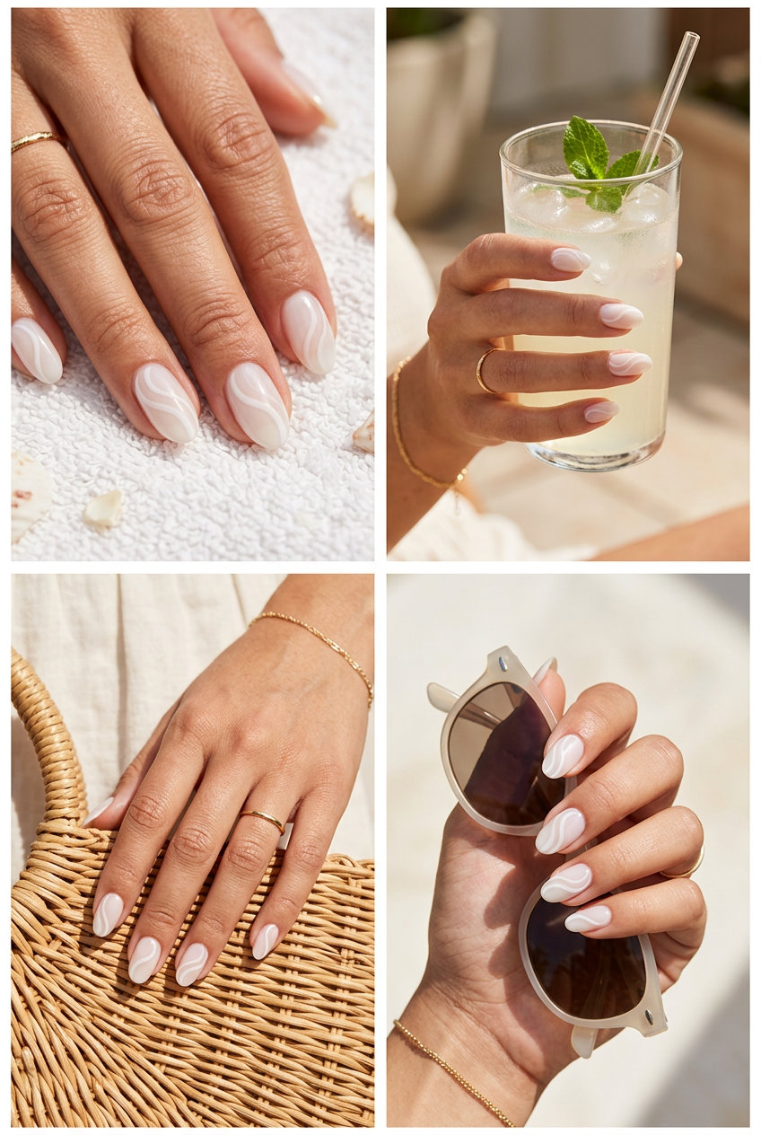 Clean-girl artistic milky swirl cloud art nails for casual chic work wear. Trending summer nails 2026.