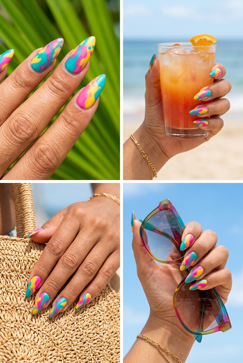 Tropical nail designs 2026: Abstract Tropical Blend on stiletto nails for edgy festival & statement wear.