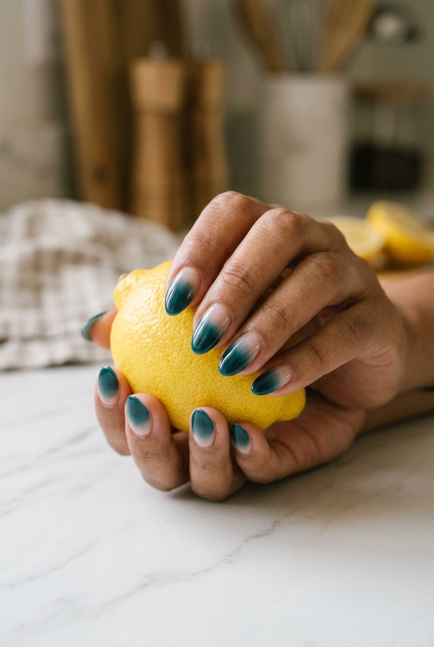 Deep Teal Aura Almond nails for tropical nail designs 2026. Sophisticated and calming for daily wear.