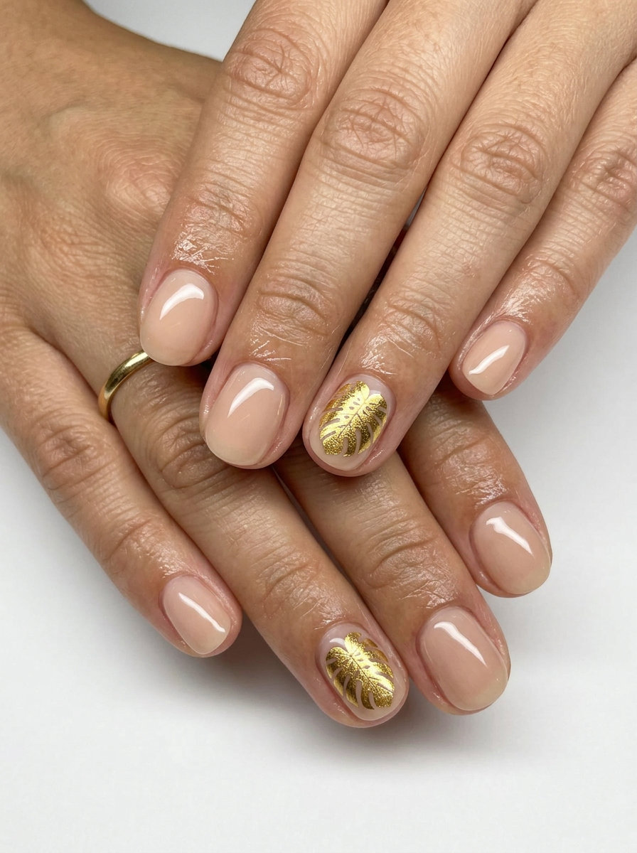 Gold Monstera Leaf Minimalist nails for tropical nail designs 2026. Sophisticated chic for daily wear.
