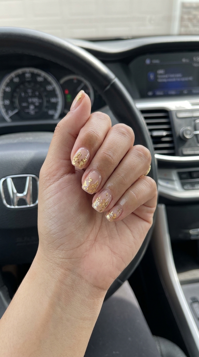 Golden tropical flakes nails 2026: Elegant, minimalist gel art for daily wear and weddings. Sheer nude with scattered gold foil.