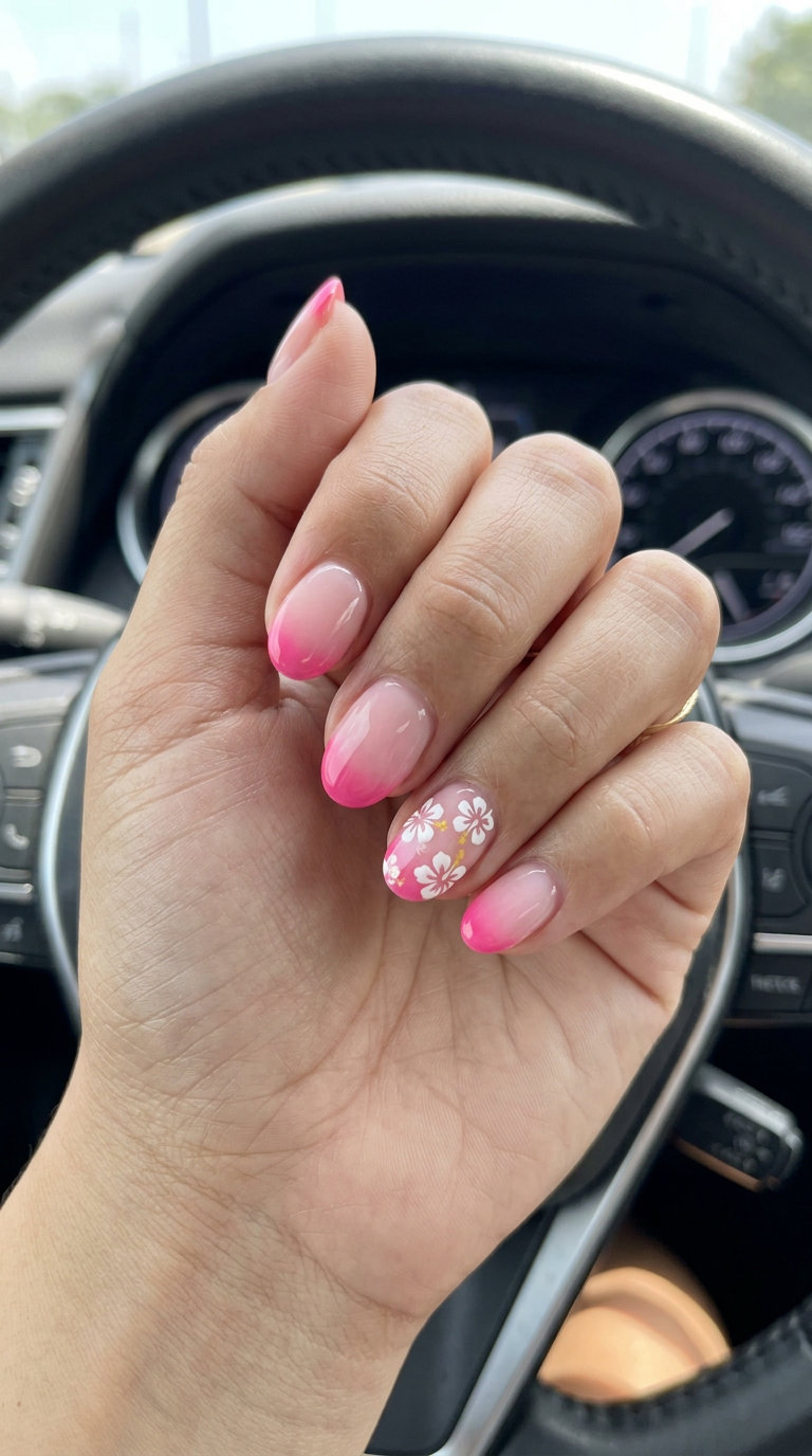 Hot Pink Hibiscus Gradient nails for tropical nail designs 2026. Elegant ombre with floral art for date night.